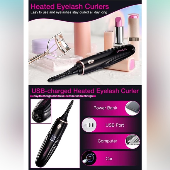 NIB Heated Eyelash Curler Forats Rechargeable Curler with Comb & Eyebrow Brush - Picture 5 of 10